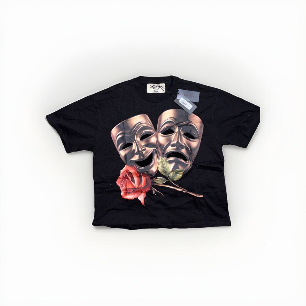 BKYS NWT Black Rhinestone Theater Masks Rose Graphic T Shirt Size L